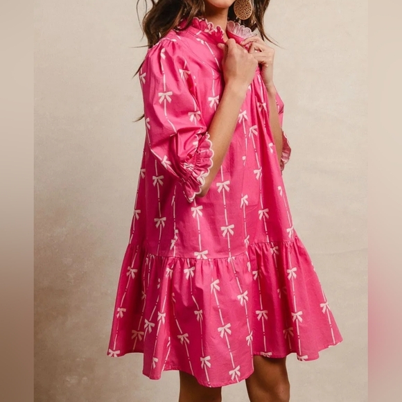 BiBi Dresses & Skirts - BiBi Ribbon Patterns With Scallops Edge Details Short Sleeve Dress